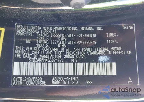 2016 Toyota Highlander Le from USA, damaged, VIN 5TDZARFHXGS021726